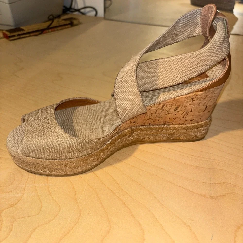Tory Burch Natanya Espadrille Wedges Women Sz 7 Beige Linen Cork Sandal Spain